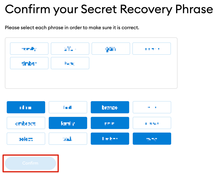 confirm your secret recovery phrase