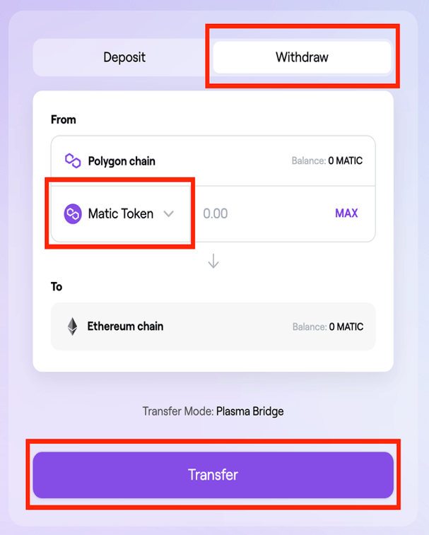 withdraw matic token